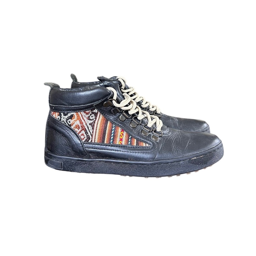 Inkkas‎ Black Leather Camping Boot Sneakers Woven Textile Panels Womens 7 Mens 5
